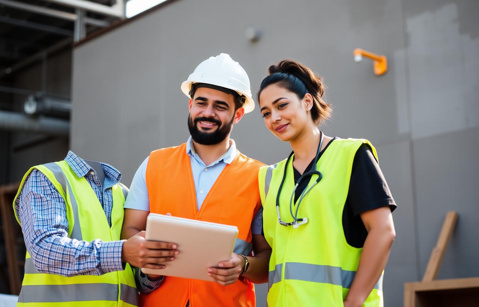 A construction worker and healthcare professional collaborating